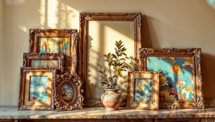 Vintage Golden Picture Frames Collection with Natural Light and Plant Decor