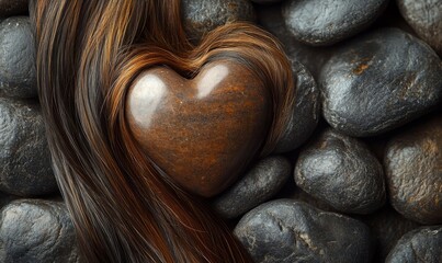 Heart, shape or hair on rock background for cosmetic, glow or shampoo, growth or texture results. Haircut, charity or strand donation, collection or weave making for alopecia, loss, Generative AI