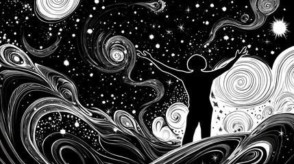 Starbound spirit an outline of a person with arms raised high ascending through swirling galaxies and s of stars. distant stars blink in patterns suggesting a mystical journey. Starbound. Illustration
