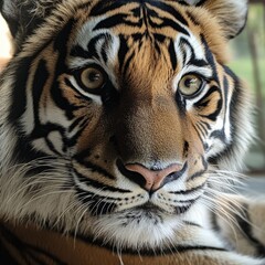 close up of a tiger face with orange and black stripes