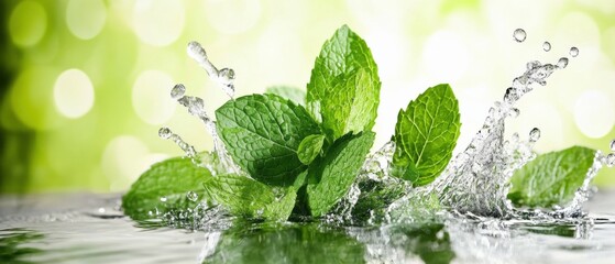 fresh mint leaves with water splash