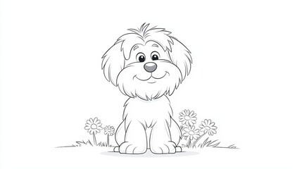 Adorable Cartoon Puppy Sitting Among Flowers in a Playful Scene