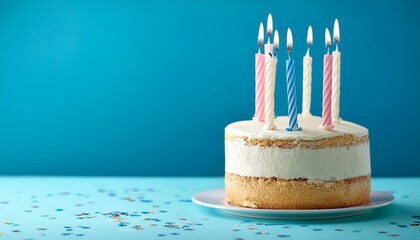 birthday cake with six 6 candles on pastel blue history with copyspace