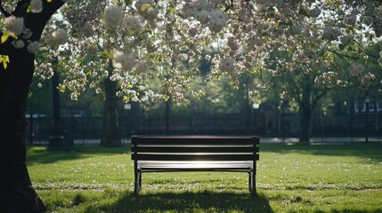 Fototapeta premium serene park bench under blossoming tree surrounded by greenery offering generous copy space