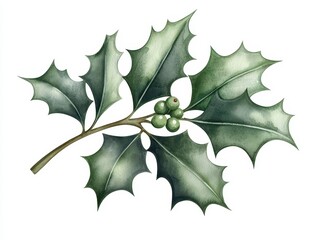 Fototapeta premium Realistic Watercolor Illustration of Holly Leaf with Berries