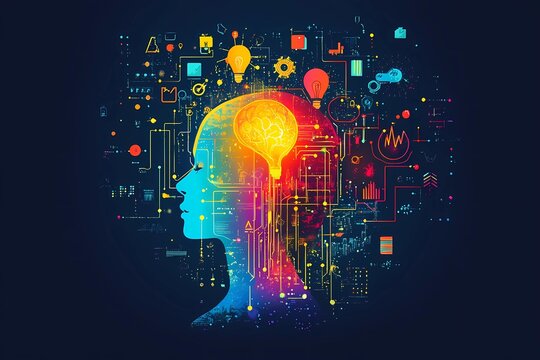 Silhouette of a human head with a glowing brain as a light bulb, surrounded by digital icons, colorful circuit patterns, and futuristic design on a dark blue background, symbolizing digital innovation