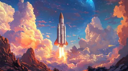 Obraz premium The moment of anticipation as a spaceship readies for launch under a gorgeous sky. Starbound. Illustration
