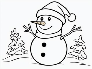 Cheerful Snowman with Scarf and Hat in Winter Wonderland Scene