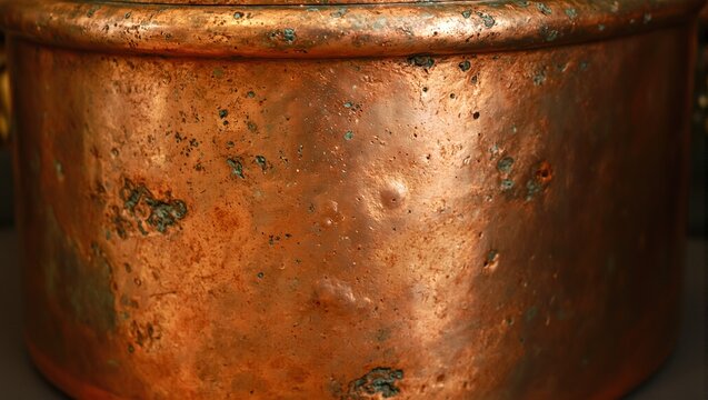 Rustic hand beaten copper cookware with warm orange and gold tones showcasing artisanal craftsmanship