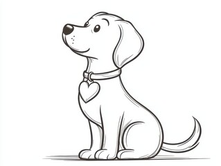 Adorable Cartoon Dog with Heart-Shaped Tag in Simple Outline Style