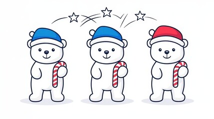 Cute Cartoon Polar Bears Celebrating Winter with Candy Canes and Stars
