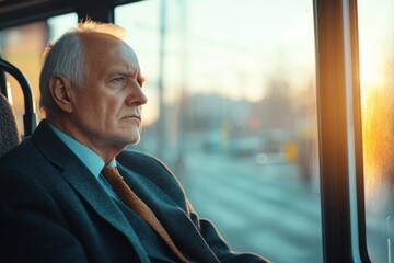 Quiet contemplation during a morning commute on a city bus by an older businessman in soft light
