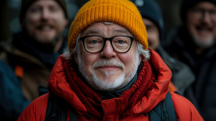 Fototapeta premium Portrait of a senior man wearing an orange beanie and red jacket