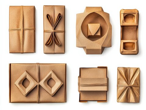 Brown paper packages on a white surface