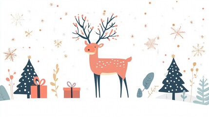 Festive Happy New Year Reindeer Trees and Gifts Flower Decoration Image