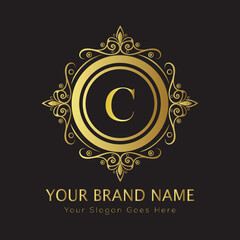 Letter Luxury brand logo design with a royal gold crown emblem and elegant typography
