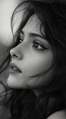 Fototapeta premium A monochrome close-up vertical portrait of a beautiful woman, capturing her natural elegance and expression. Ideal for portrait photography, beauty, and emotional storytelling themes.