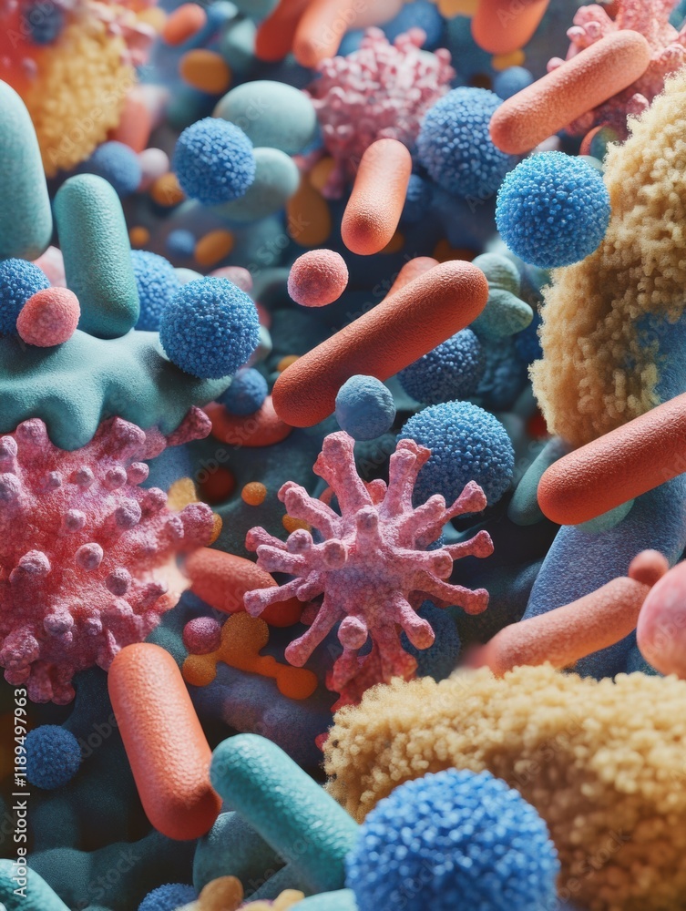 Poster close up view of diverse microbes thriving on everyday surfaces such as door handles and smartphones