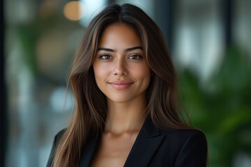 Fototapeta premium Confident hispanic businesswoman looks directly at camera. Young pro lady in business suit. Successful executive displays poise, charm. Indoor photo setting in office corporate environment. Modern