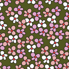 Small colorful flowers and brown flowers, hand drawn. Seamless on a light yellow background. Designed for fabric, fashion, textiles, wallpaper,