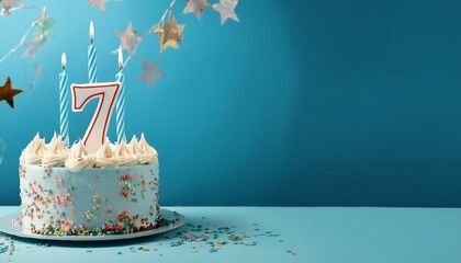birthday cake with 7 seven candles on pastel blue historical past with copyspace
