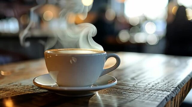 White steaming cup of coffee on table in cafe with people in cafeteria blurred background. Freshly brewed hot latte, cappuccino cup with saucer. Breakfast beverage morning concept. Restaurant drink