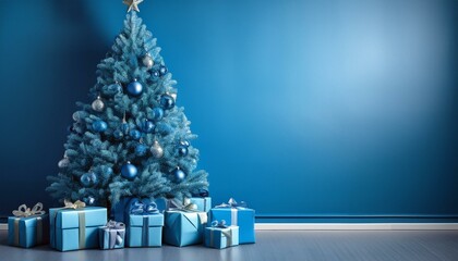 blue wall and blue christmas tree with present boxes