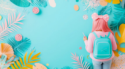 Fototapeta premium Back to School: Girl with Pink Hair and Teal Backpack Surrounded by Tropical Paper Art