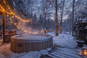 A steaming hot tub sits on a snow-covered deck in a winter wonderland, surrounded by twinkling fairy lights and snow-laden trees