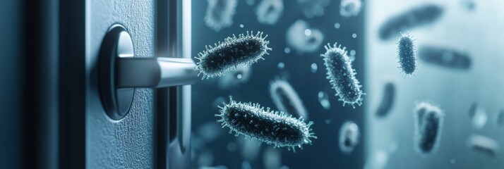 Close up of microbes found on common surfaces like door handles and smartphones highlighting everyday contamination risks. Generative AI