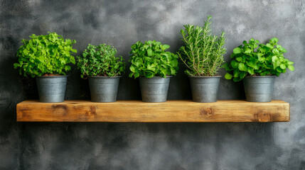Five potted herbs on rustic wooden shelf against dark wall: mint, oregano, basil, rosemary and parsley