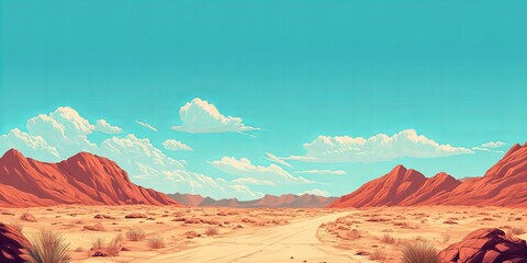 Naklejka premium Scenic landscape featuring majestic mountains, a vast desert, and a clear blue sky. Perfect for nature, travel, and adventure-themed designs.