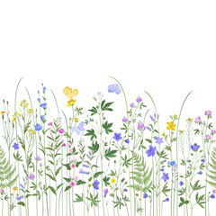 seamless floral border. summer flowers with butterflies.eps