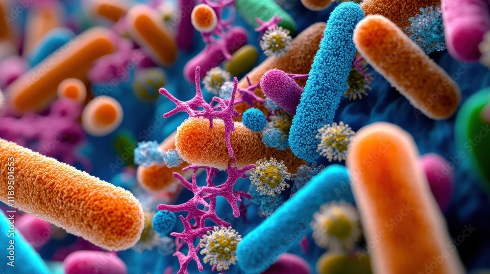 Poster close up view revealing microbes thriving on common surfaces like door handles and smartphones. gene