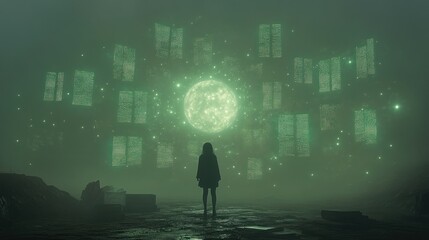 Silhouetted girl gazing at ethereal glowing panels and orb in a misty landscape.