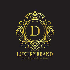 Letter Luxury brand logo design with a royal gold crown emblem and elegant typography
