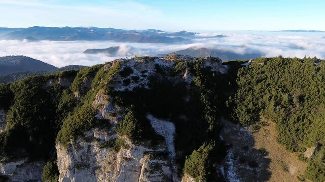 aerial view of foggy mountain valley and forest la
