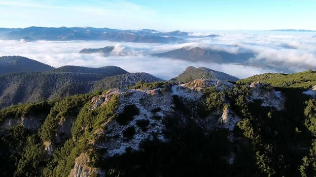 aerial view of foggy mountain valley and forest la