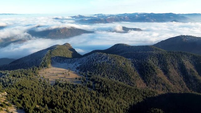 aerial view of foggy mountain valley and forest la