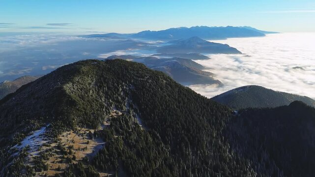aerial view of foggy mountain valley and forest la