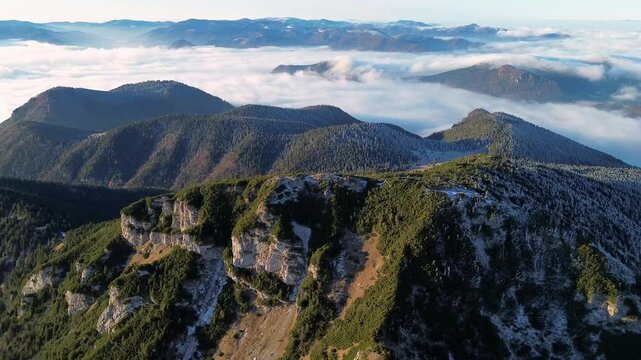 aerial view of foggy mountain valley and forest la
