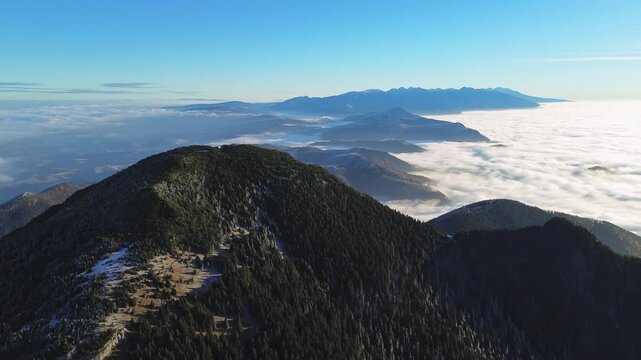 aerial view of foggy mountain valley and forest la