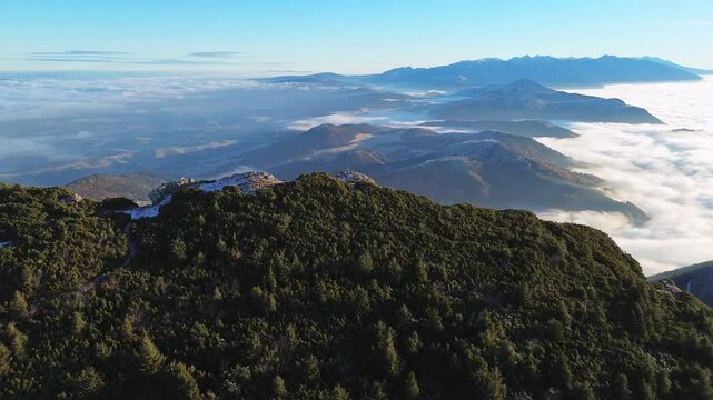 aerial view of foggy mountain valley and forest la