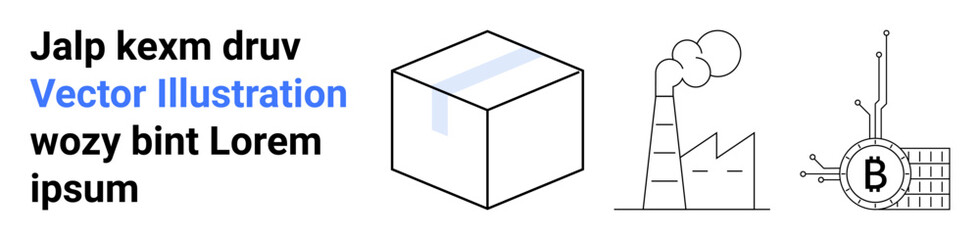 Cardboard box, smoking industrial factory, Bitcoin symbol with circuitry. Ideal for logistics, manufacturing, cryptocurrency, blockchain, tech innovation, industrial automation, supply chain