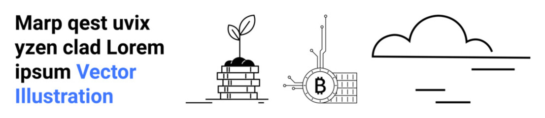 Growing tree from a stack of bricks, blockchain symbol with letter B in tree ring, and simple cloud graphic with text. Ideal for fintech, technology, nature, sustainability, digital transformation