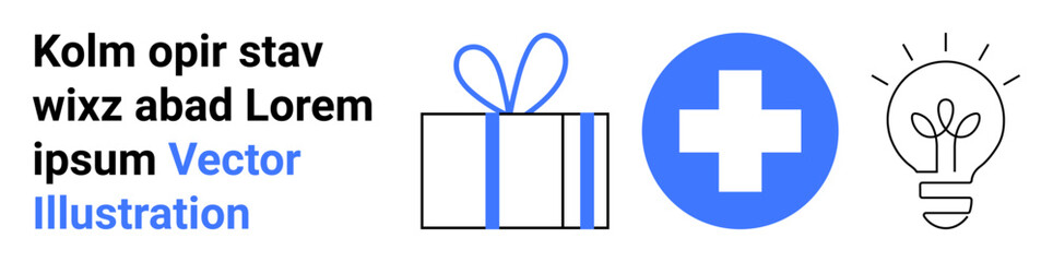 Gift box with ribbon, blue medical cross, and light bulb icon alongside placeholder text in black and blue. Ideal for health, innovation, charity, education, technology, business and marketing