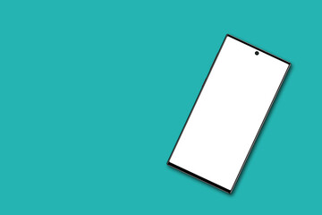 Mockup of a white phone screen. Social media promotion. Advertising on a smartphone display. Device front view. 3D mobile phone. Cell phone. Mint green background.