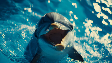 Playful dolphin surfacing in vibrant blue water, mouth open, close-up view.