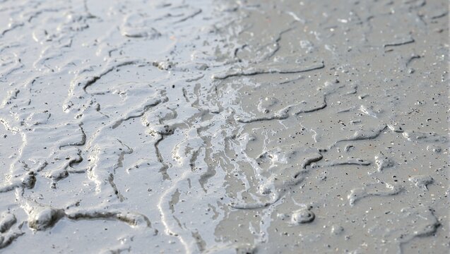Close up of wet concrete with smooth ridges ripples and aggregate peeking through