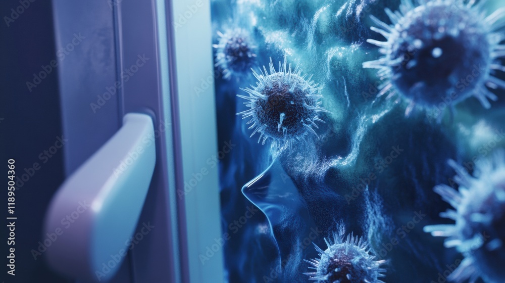 Aufkleber close up view of microbes thriving on everyday surfaces like door handles and smartphones in a moder